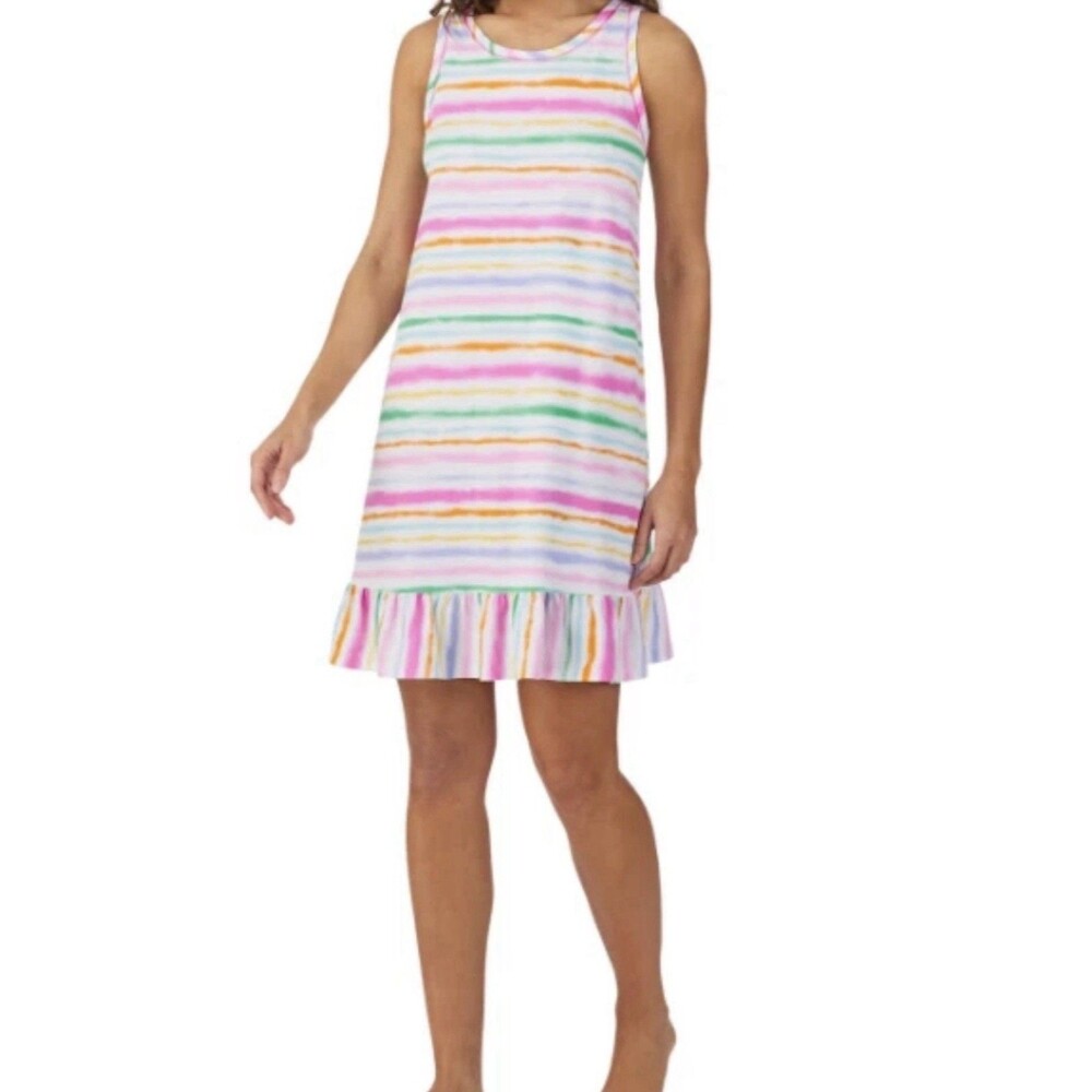 Cuddl Duds Women's Sleeveless Ruffled-Hem Chemise, Multi Stripe, Large